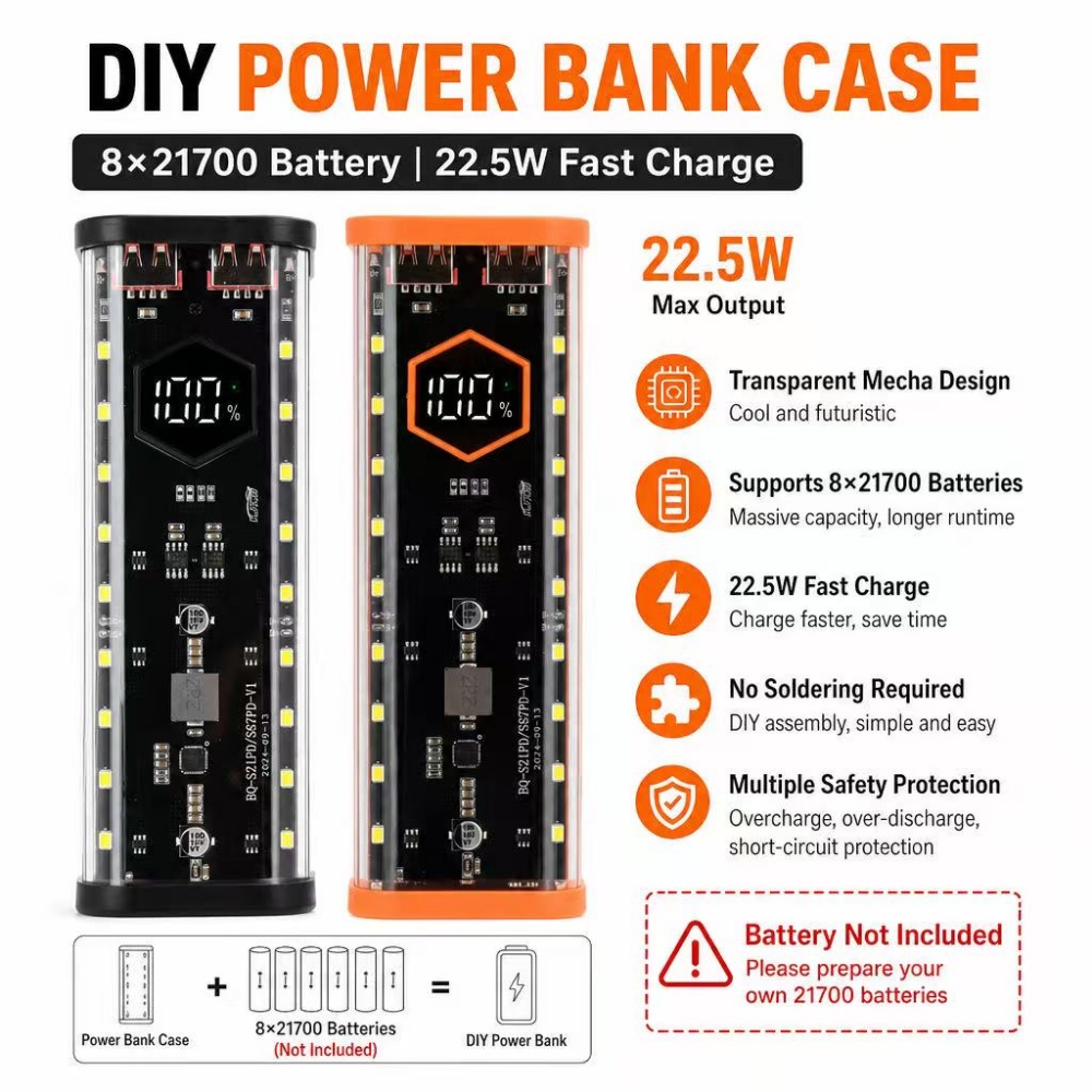 Power Banks - 8*21700 กล่องใส่แบตเตอรี่ 22.5W ชาร์จเร็ว DIY กล่องเก็บแบตเตอรี่